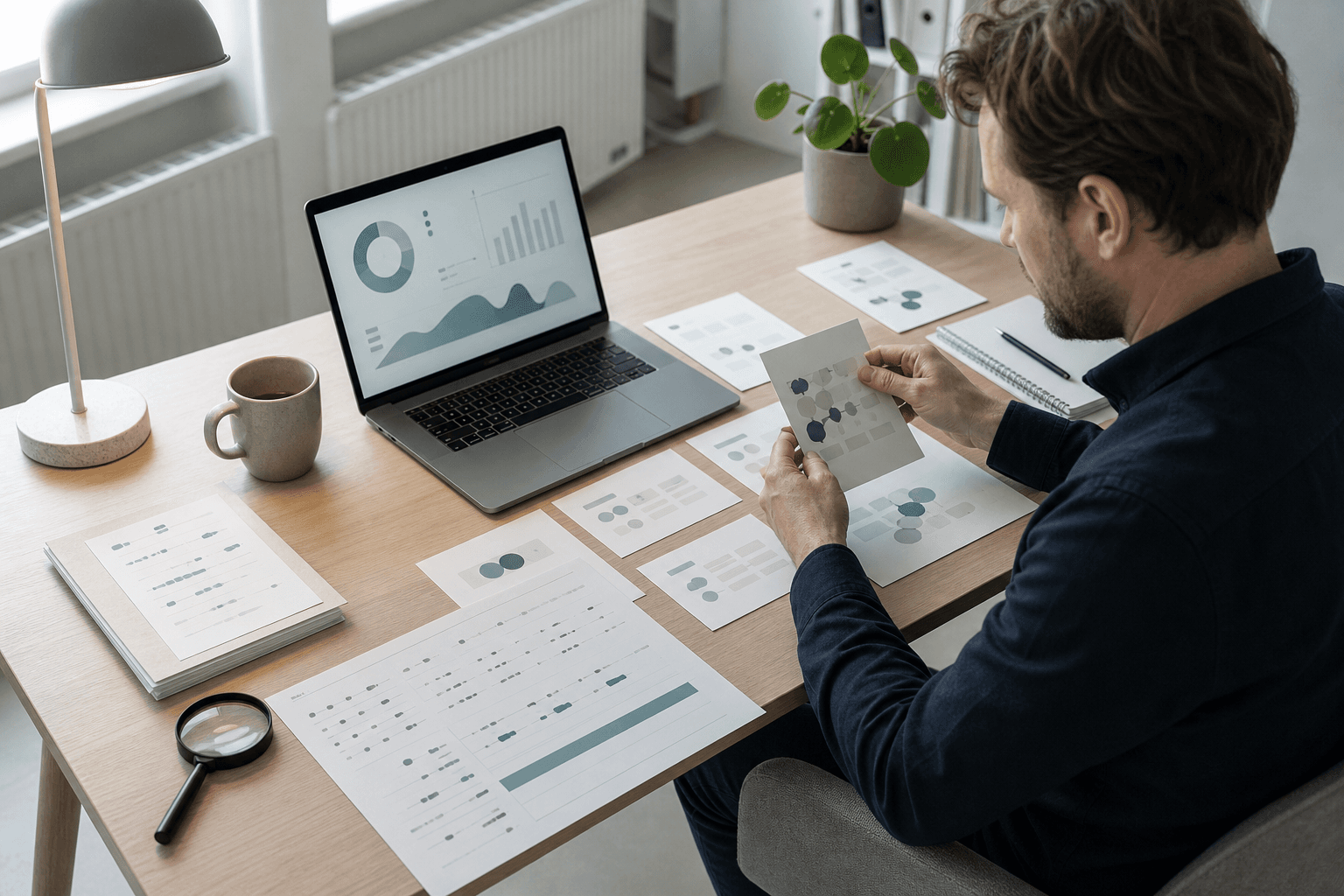 Dataanalytiker gennemgår kilder, målinger og dokumentation ved et arbejdsbord