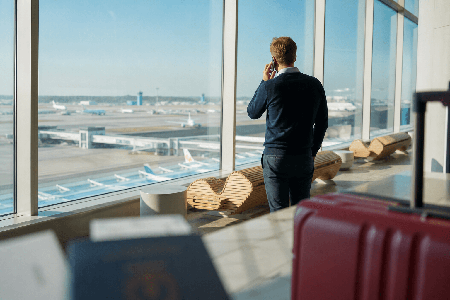 Rejsende foretager et internationalt opkald fra en lufthavn