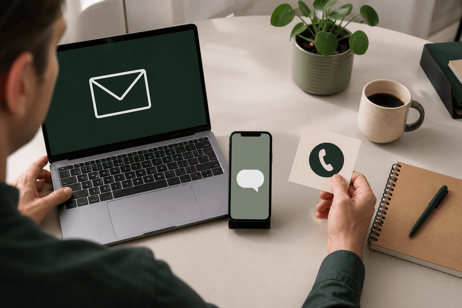 E-mail, sms og telefonopkald sammenlignes på et skrivebord