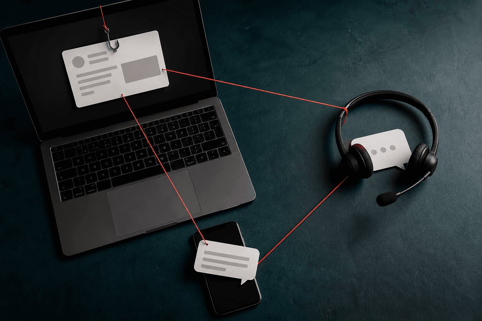 Computer, telefon og headset forbindes som phishing, smishing og vishing