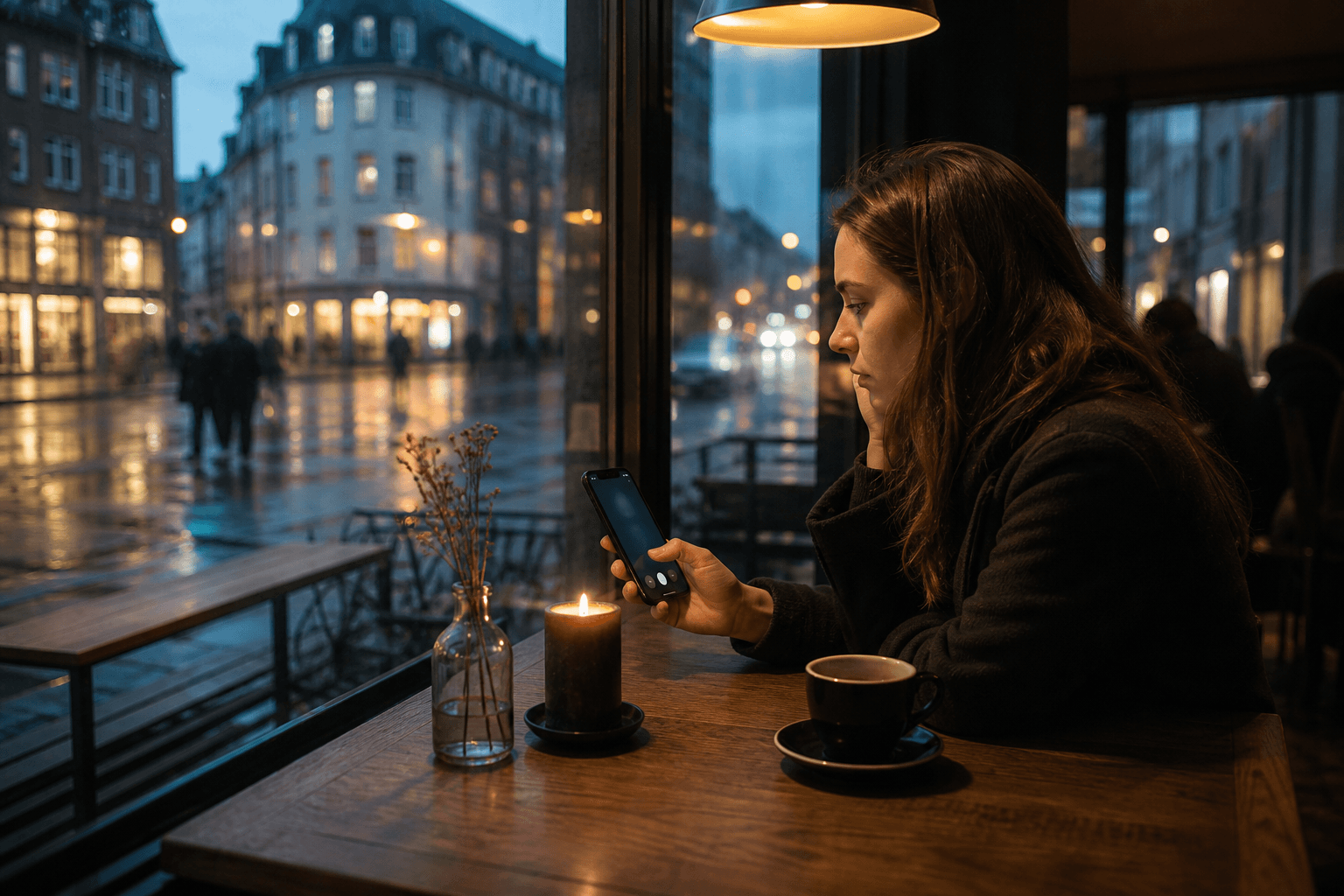 Ukendt opkald på en telefon ved et regnfuldt cafévindue i København