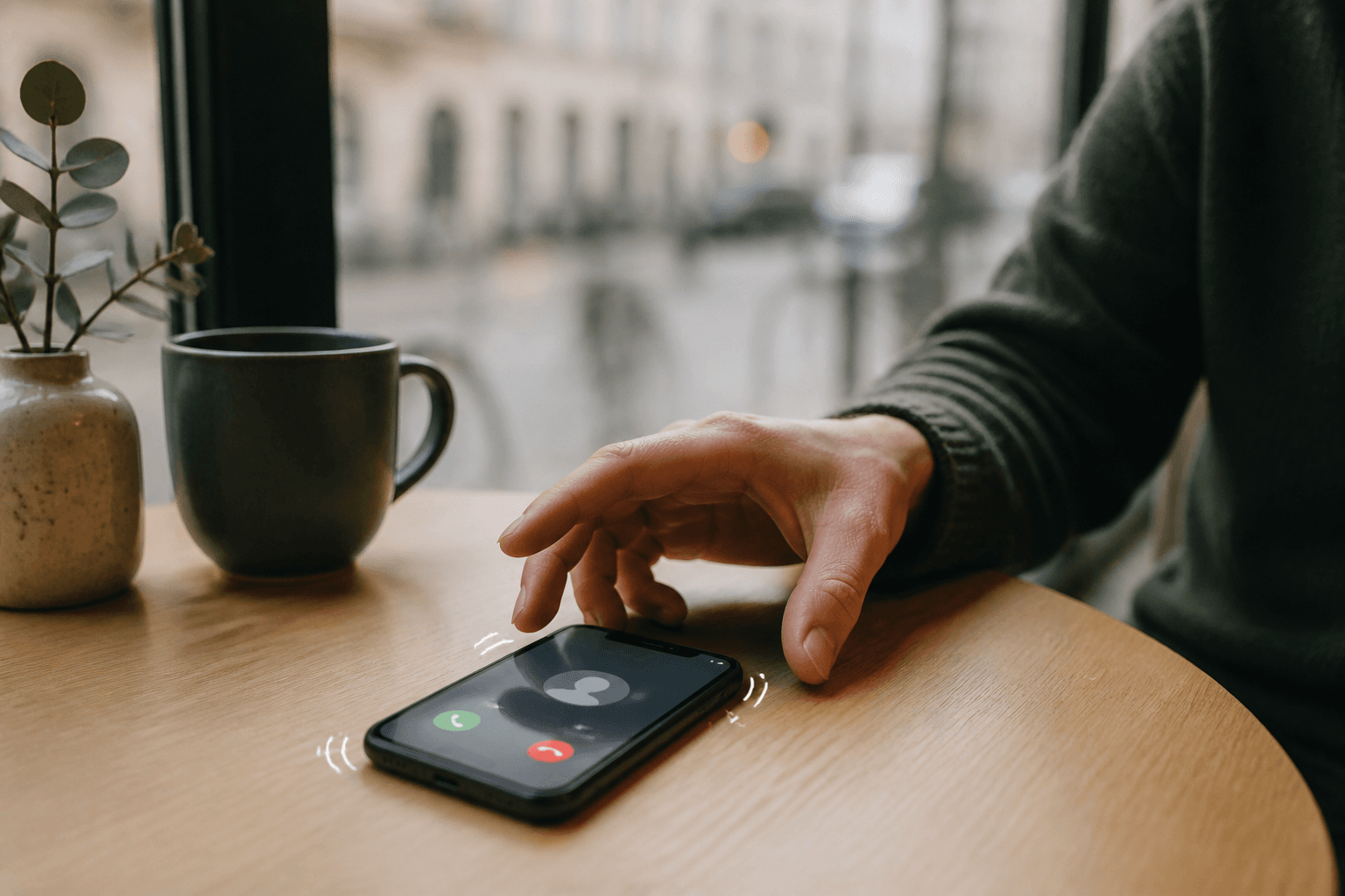 Ukendt opkald på en telefon på et cafébord